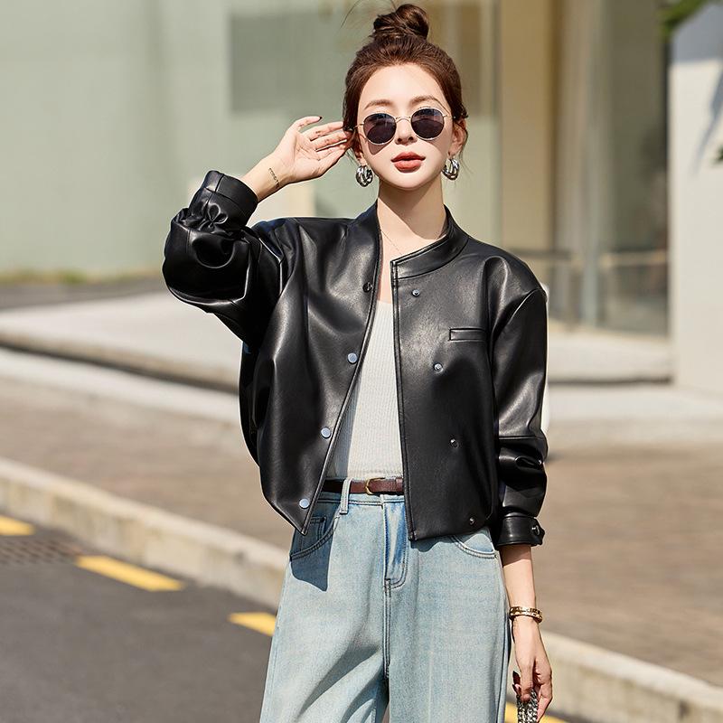 2025 Spring Women's High-End Petite Round Neck Loose Short Leather Jacket WA2513