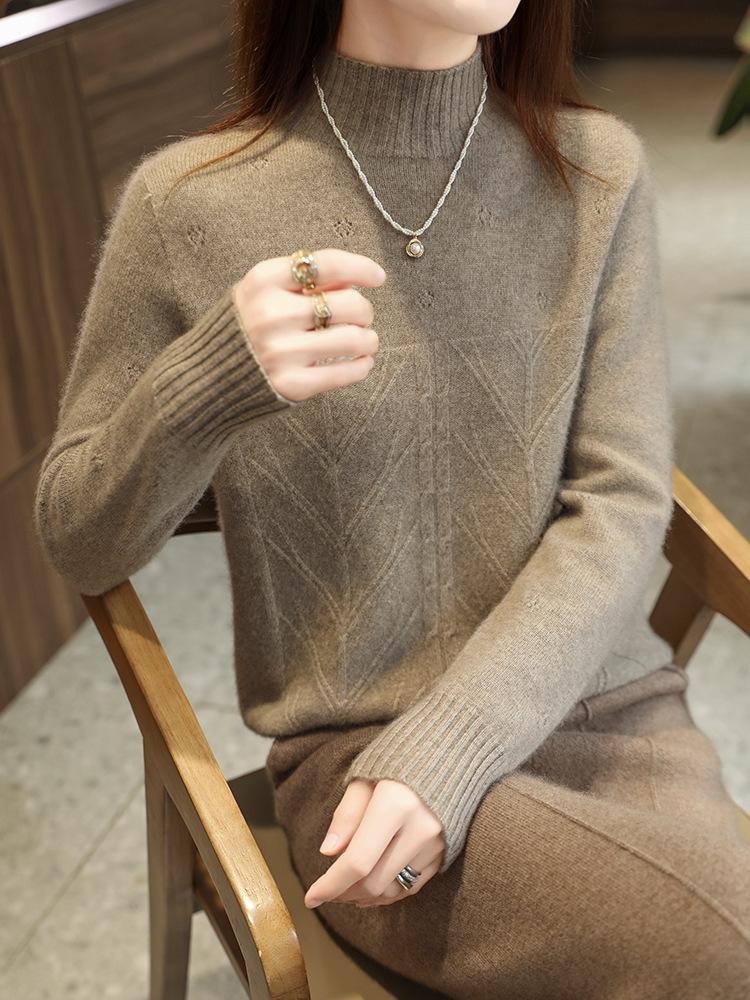 Fall/Winter Women's 100% Pure Wool Heart Jacquard High Neck Sweater Pullover