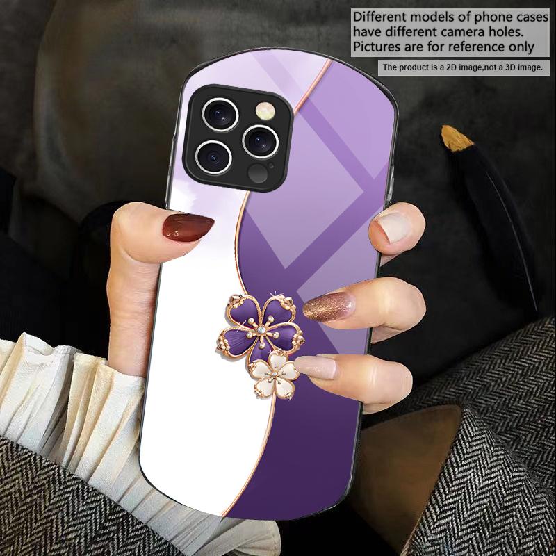Lucky Four-leaf Clover For iPhone 16 15 14 13 Plus 12 Mini 11 Pro Max XR Xs X 7 8 6 6S Elliptical Tempered Glass Phone Case