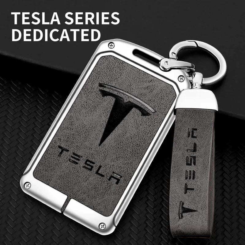 Autoaufkleber 2025 Neu Tesla Zinklegierung Leder Auto Fernschlüssel Abdeckung Schutzhülle Schale Schlüsselanhänger Tasche Für Tesla Model 3 Model Y