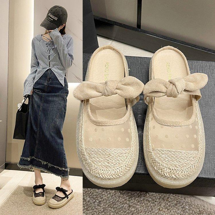 

Mesh half slippers women s new summer wear French mesh fisherman bag head drag bow thick bottom sandals 40 абрикосовий