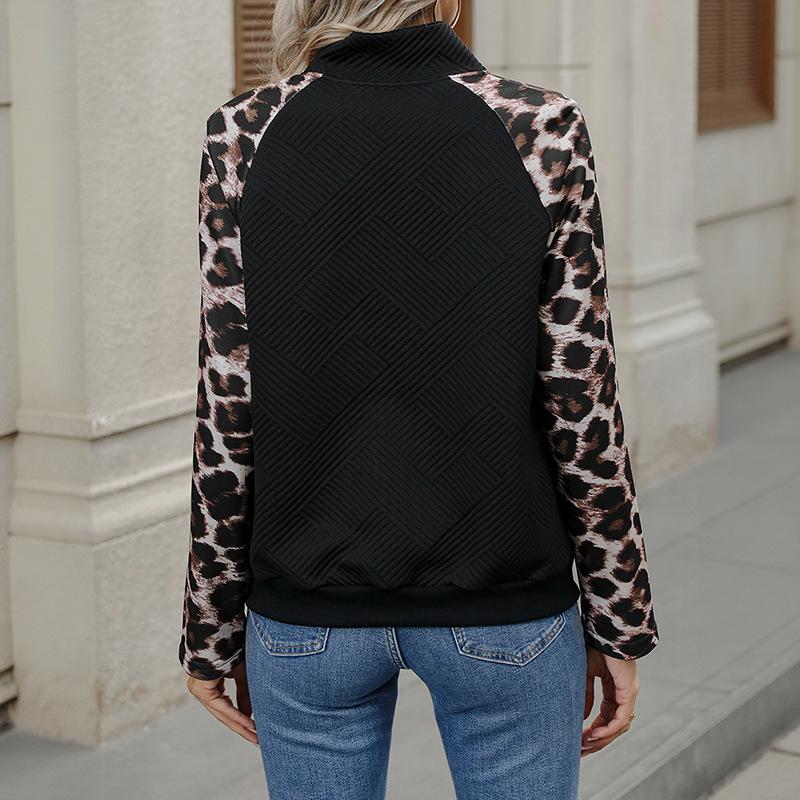 Autumn New Casual and Personalized Street Style Semi High Collar Open Collar Patchwork Leopard Print Hoodie for Women