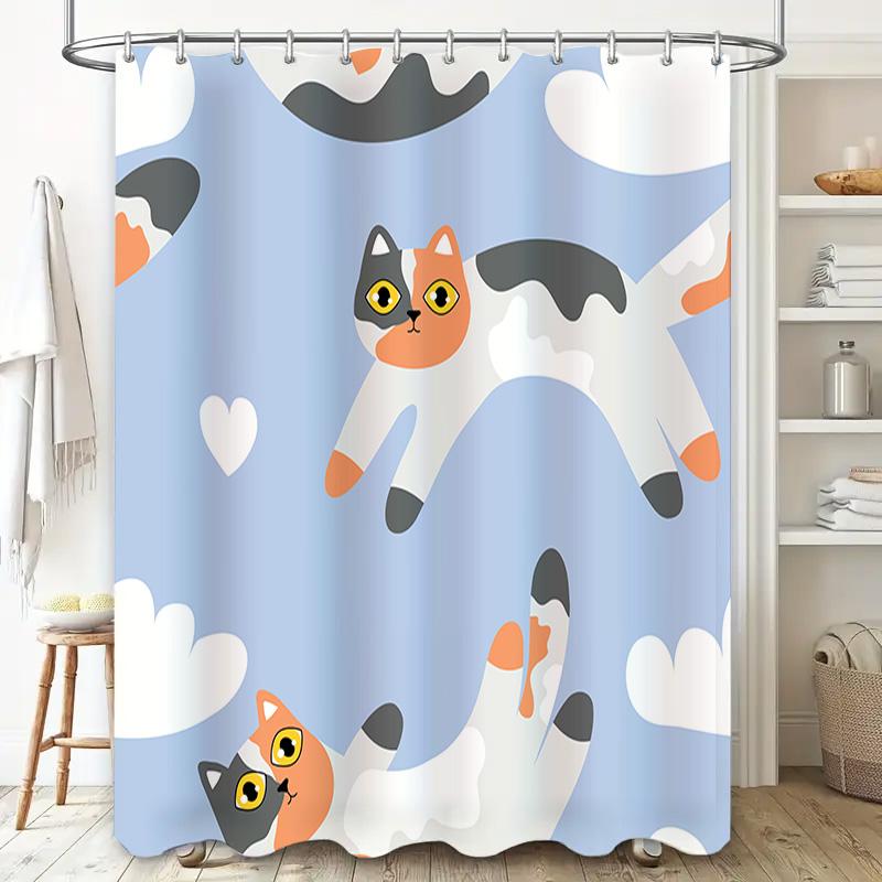 Whimsical Cat Pattern Shower Curtain For Home Decor Modern Blue And White Bathroom Accessories Perfect Gift Idea (200Cmx180Cm)