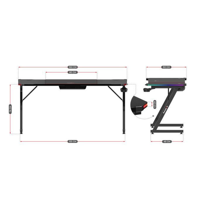 Bureau Gaming HUZARO Hero 4.8 Noir RGB - Éclairage LED, Plateau 160 Cm, Finition Carbone, Supports Casque Et Gobelet, Ergonomique