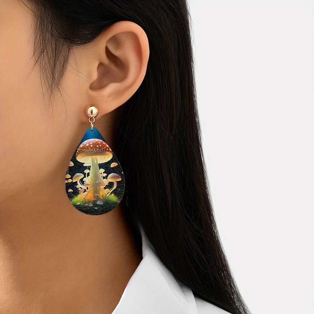 Pendientes Pintados Fashion Dream Hongo Lindo Árbol de la Vida Arco Iris Pendientes con Textura de Madera Versátiles para Damas
