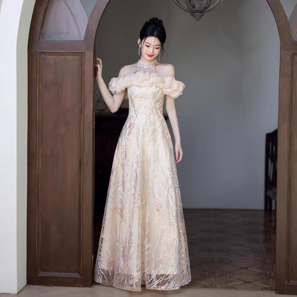 Neck banquet evening dress skirt female champagne temperament high-end niche light luxury annual meeting host birthday coming-of-age ceremony