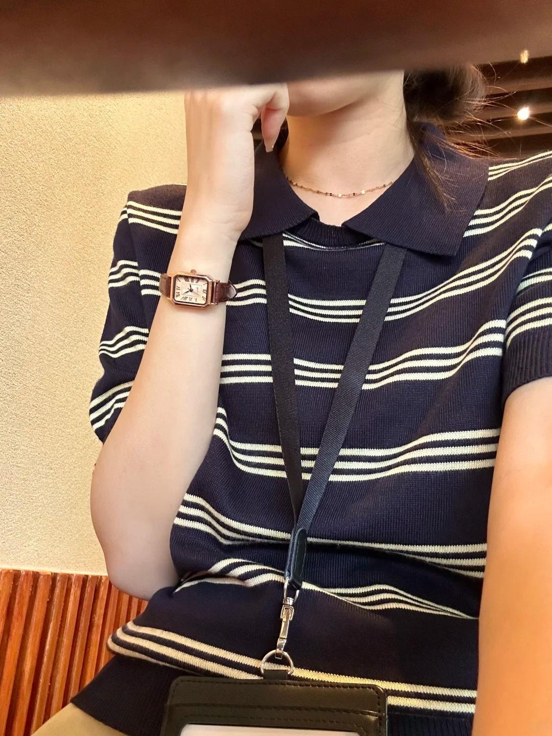 Retro style Polo lapel knitted sweater short-sleeved women s summer shoulder contrasting striped top temperament T-shirt S темно-синий