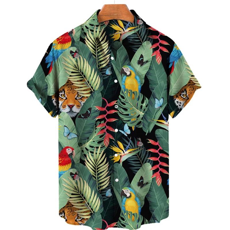 Tropical Jungle Flamingo 3d Print Hawaiian Shirt for Men Summer Street Short Sleeves Tops Harajuku Lapel Button Loose Blouse