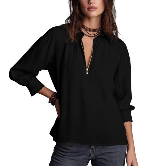 

Жіноча сорочка на блискавці ретро з довгими рукавами-ліхтариками, пуловер, повсякденна, вільний крій, сорочка з коміром для роботи, вечірки, відпустки 2XL чорний