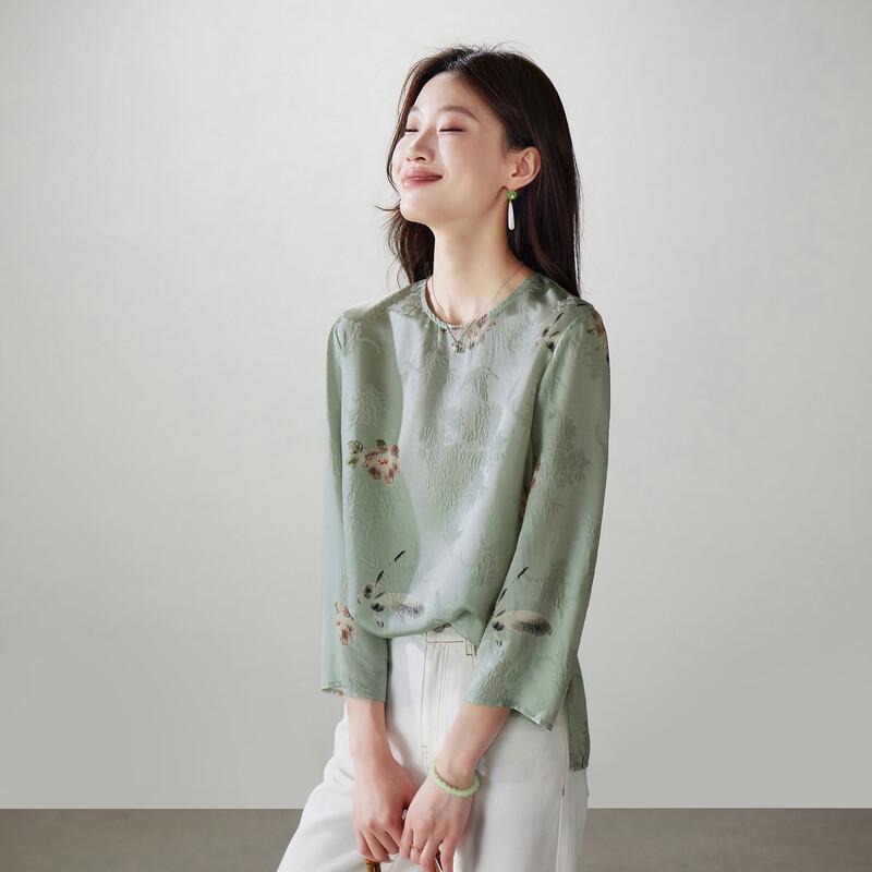 SOFSIL 2026 Frühling Neues Chinesisches Design Blumendruck Seide Langarm Rundhals Bluse