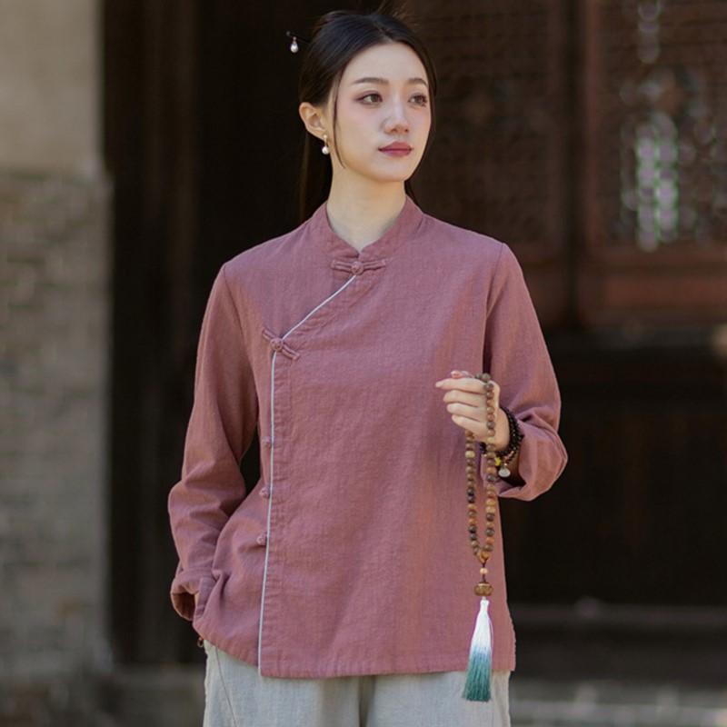 Johnature Women Vintage Shirts Tops Spring Chinese Style Solid Color Stand Button Long Sleeve Shirts
