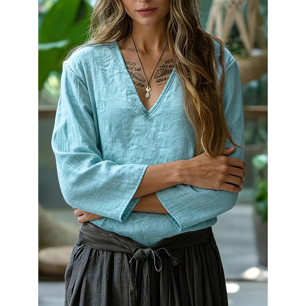 Spring Summer Women's Loose Solid Color V-neck Three-quarter Sleeve Cotton Linen T-shirt, European American Style Casual Crossborder Women's Top