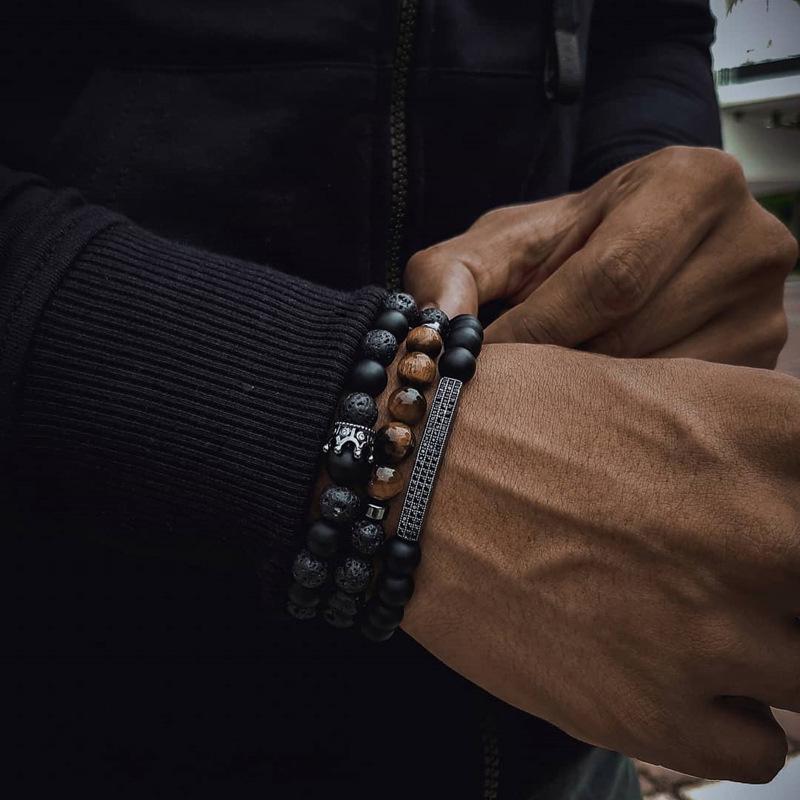 Matte Black Cubic Zirconia Ball & UFO Pendant Braided Bracelet Set