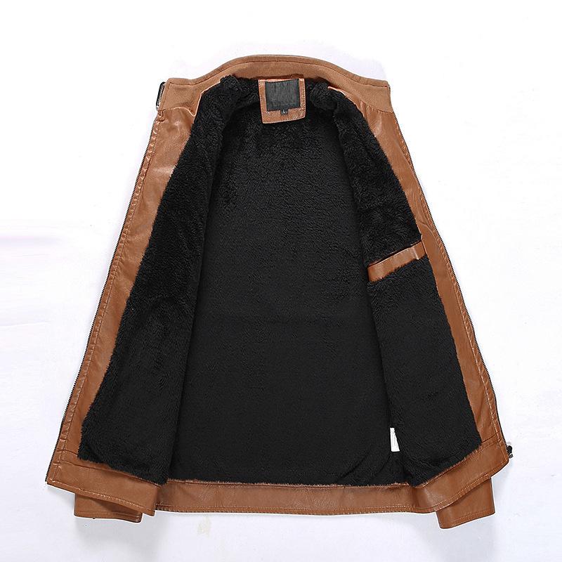 New Men's Fashionable Solid Color Leather Jacket Stand Collar Striped