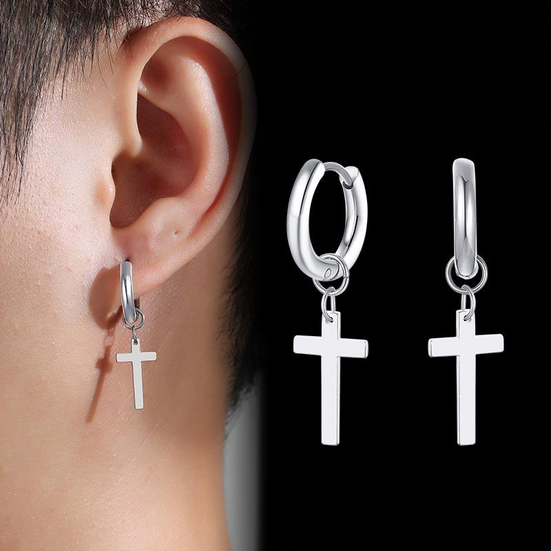 Vnox Simple Cross Dangle Earrings for Men Women Minimalist Stainless Steel Drop Small Hoop Metal Ear Jewelry Anti Allergy