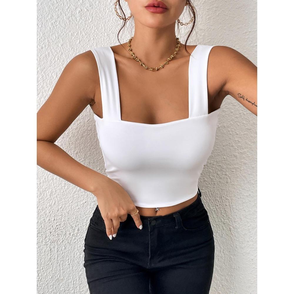Čtvercový výstřih Tílko Široká ramínka Crop Tops Ženy Léto Košilka Jednobarevná Košilka Módní tubus Dámská zkrácená vesta bez rukávů Y2K Oblečení