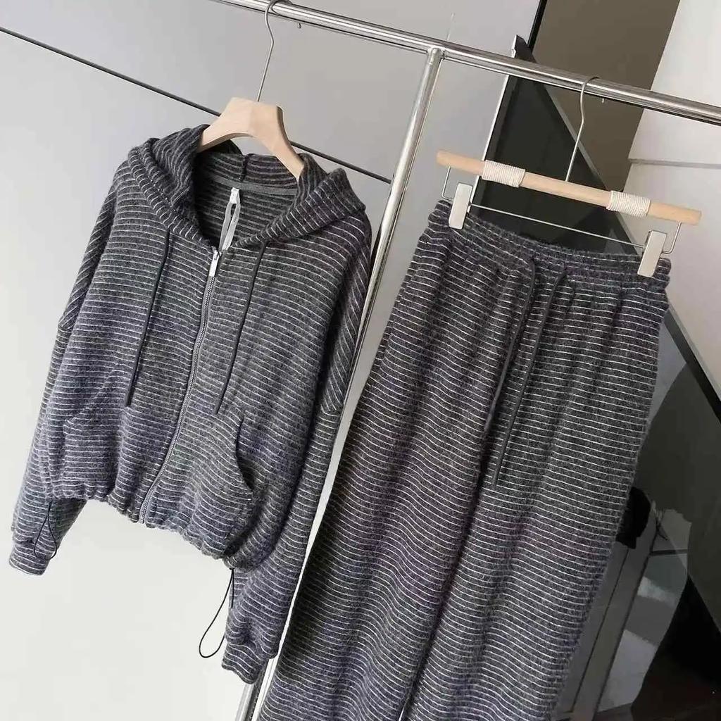 Conjuntos de Trajes para Mujer Talla Grande Pantalones Abrigo con Capucha Engrosado Top Pantalones Largos Traje de Dos Piezas Oversize 2PC