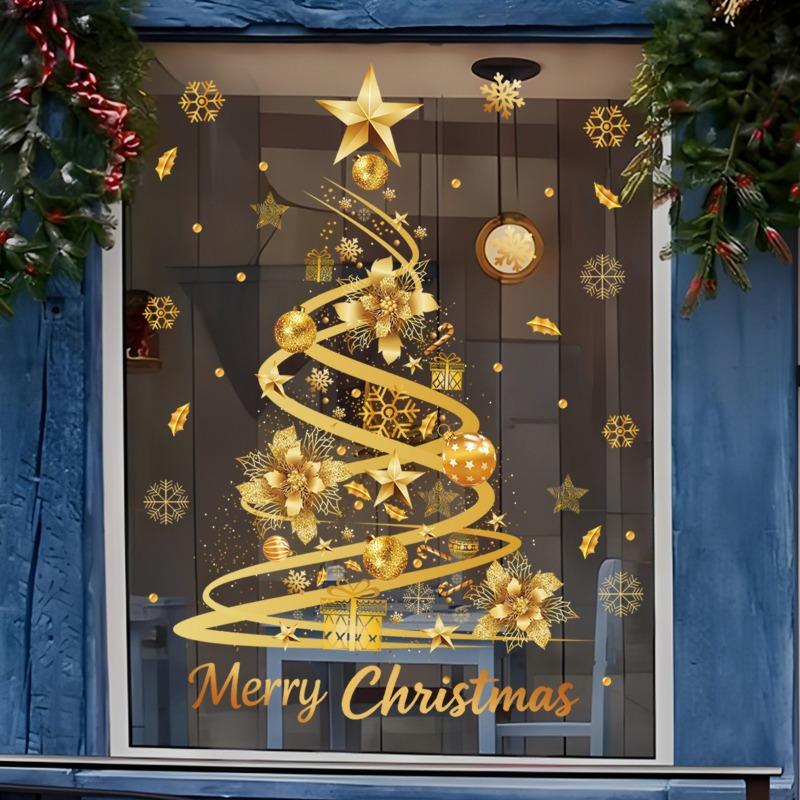 Festive Golden Star Christmas Tree Static Window Decals Reusable Glass Stickers Store Window Holiday Party Home Beautification