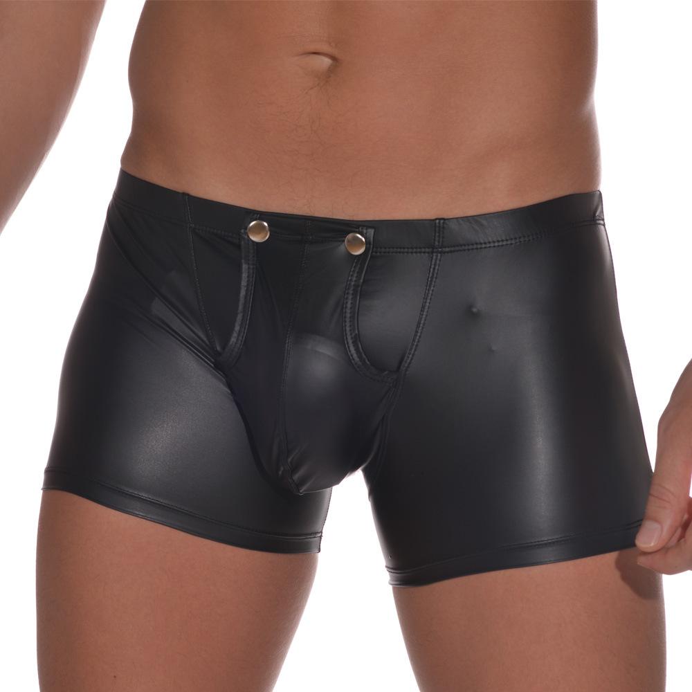 Men's Sexy Patent Leather Imitation Leather U Convex Button Low Waist Flat Angle Briefs