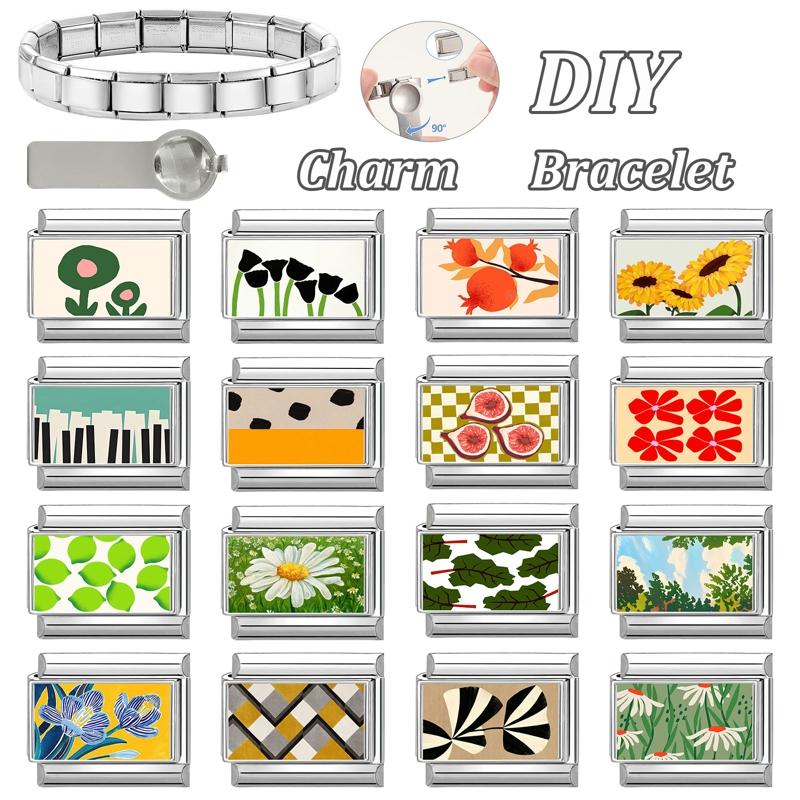 Fashion Green Scenery Lemon Cat Flower Eyes Piano Italian Charm Link Fit 9mm Stainless Steel Bracelet Girls' Making DIY Jewelry