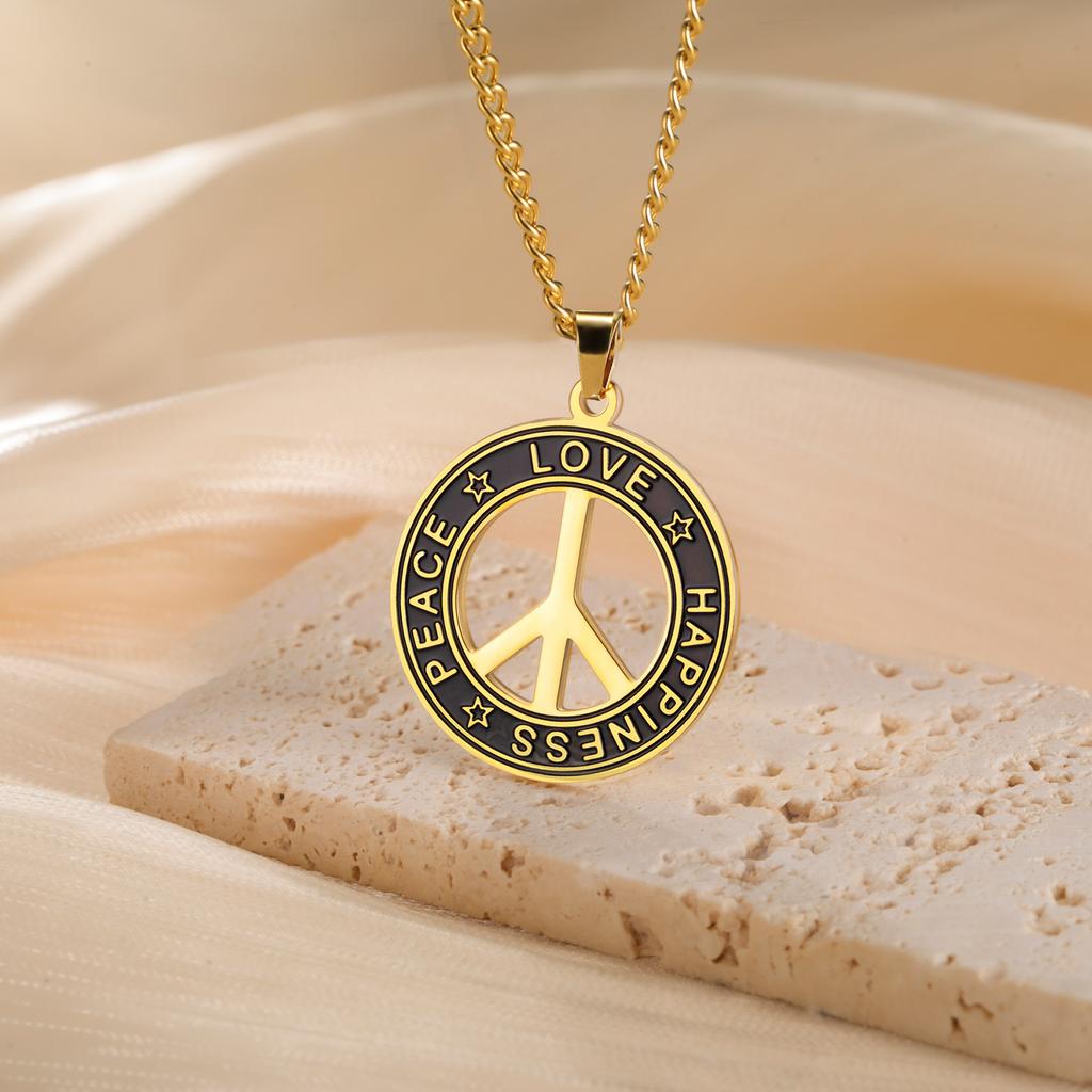 My Shape Round Peace Sign Symbol Pendant Necklace Stainless Steel Charm Choker Wax Cord Link Chain for Women Men Jewelry Gifts