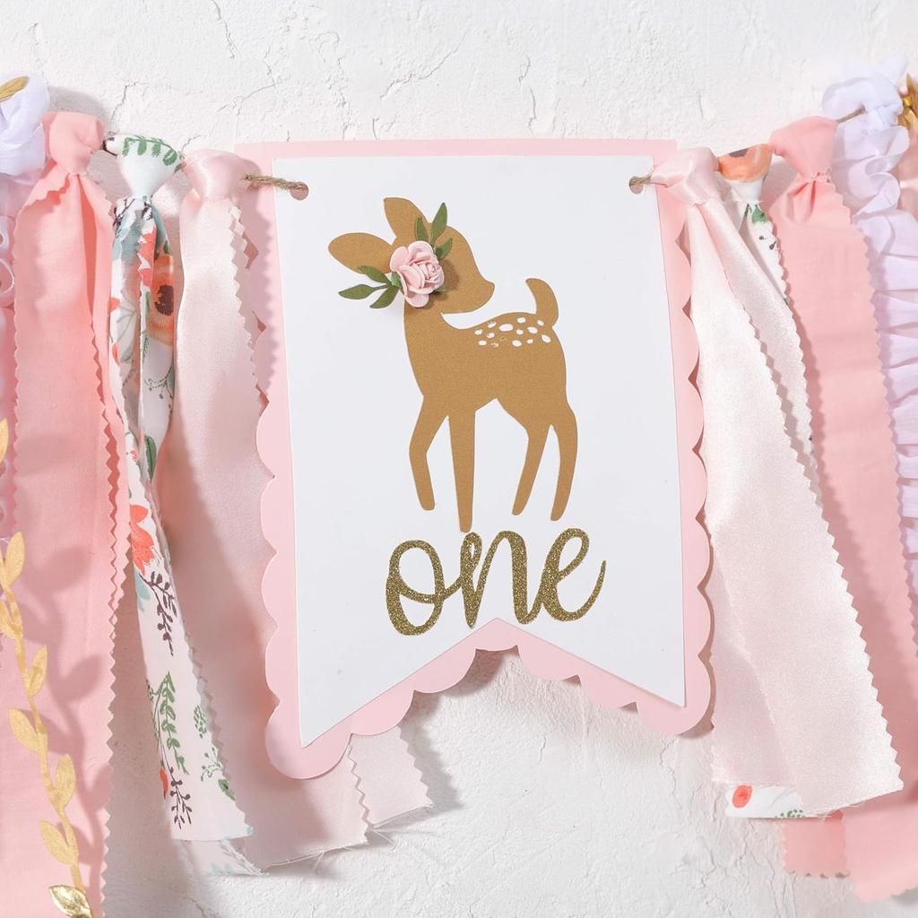 Deer Floral Girl High Chair Banner - Little Miss One-Deerful Highchair Banner, Woodland 1st Birthday Decoration for Girls, Deer Girl Floral 1st