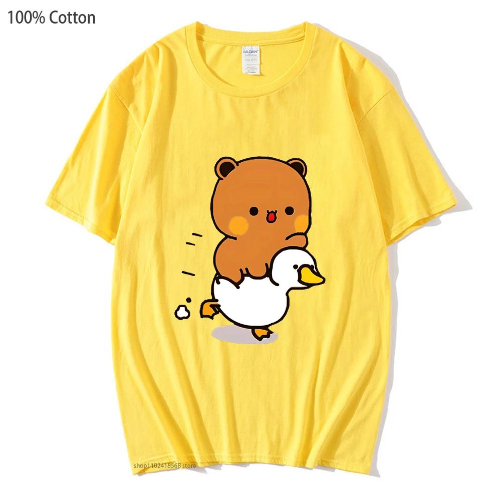 Cute Bubu and Duud Is Riding A White Duck Tshirt Panda and Brownie Bear Clothes Cotton T-Shirts for Men Women Couple