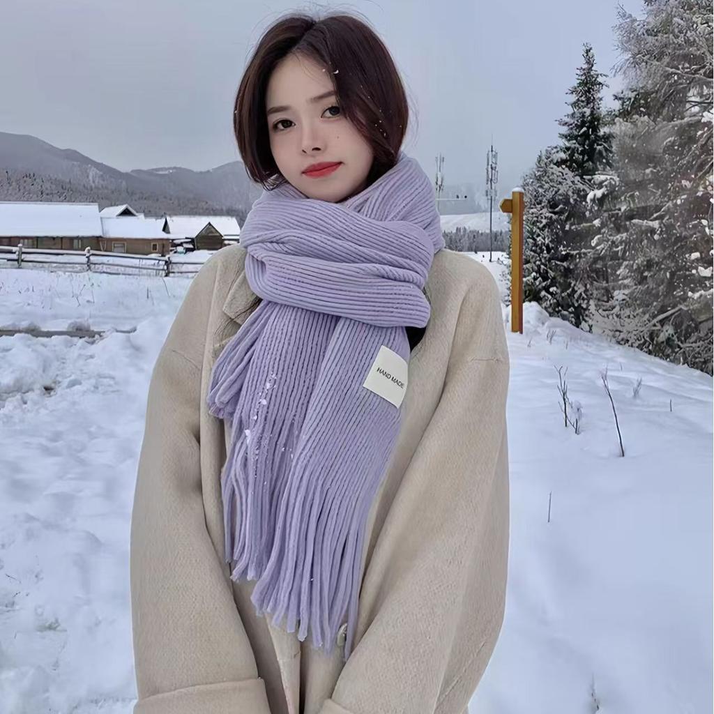 Women Girls Elegant Scarf Winter Thicken Warm Solid Color Knitted Long Tassel Scarves Soft Cotton Thickened Shawl Wraps Women