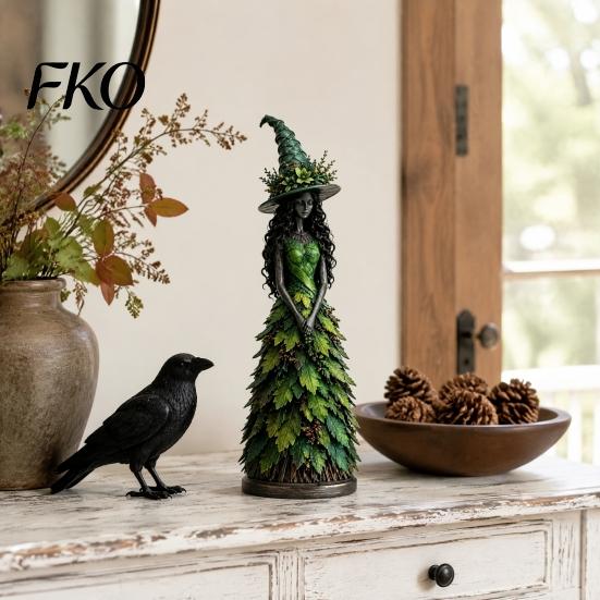 Indoor Fall Decorations Autumn Witch Figurine Statue, Resin Halloween Tabletop Decor, Seasonal Room Accessories Shelf Ornament for Mantel Fireplace