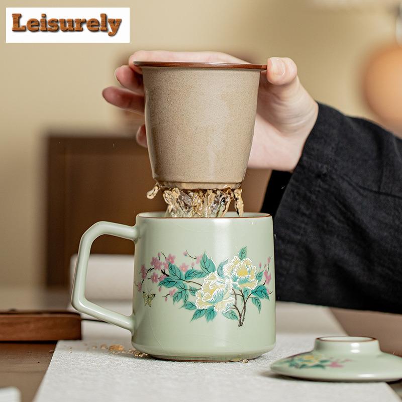 400ml Exquisite Pea Green Ru Kiln Porcelain Work Office Mug Hibiscus Mutabilis Filter Tea Separator Cup Personal Cups Gift Box