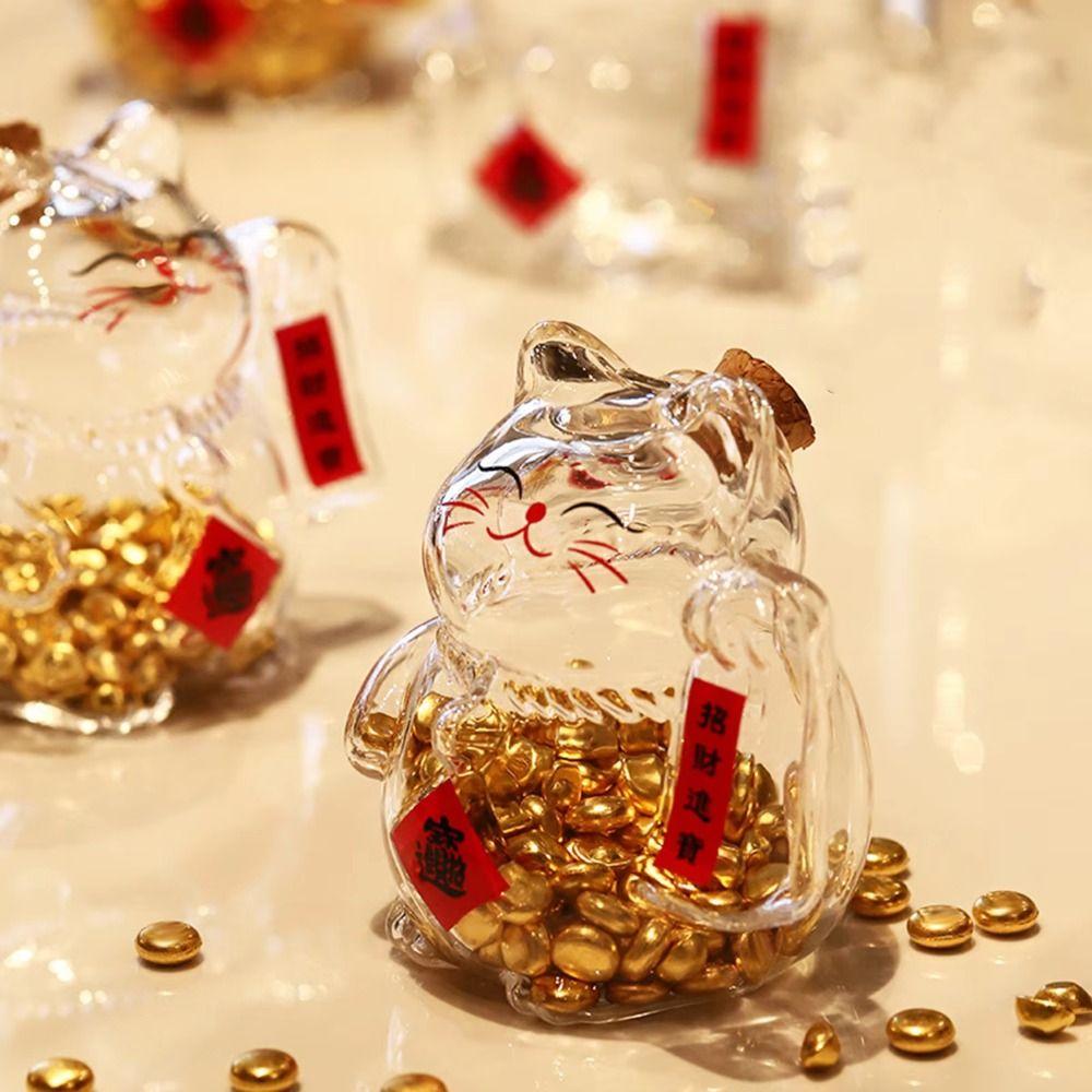 Klarer Geldtopf Glückskatze Goldene Bohne Aufbewahrungsflasche Neues Sparschwein für Wohnzimmer Büro Dekoration