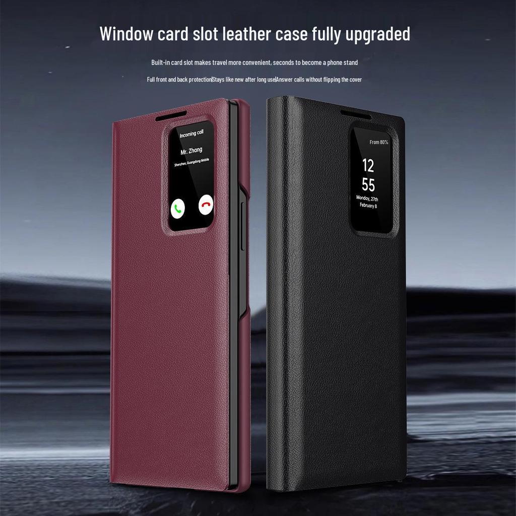 Housse à rabat en cuir Samsung Z Fold 8 avec emplacement pour carte et fenêtre