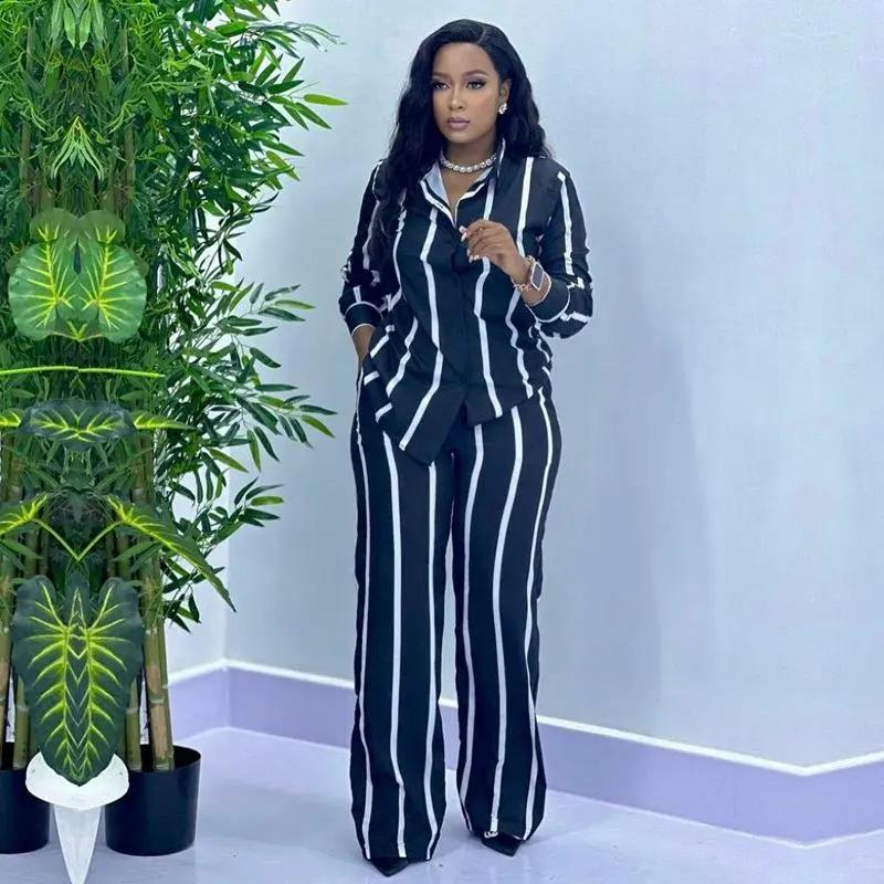 African Fashion Stripe Two Piece Set Women Spring Autumn Casual Button Long Sleeved Shirt Wide Leg Pants Two Piece Set Women