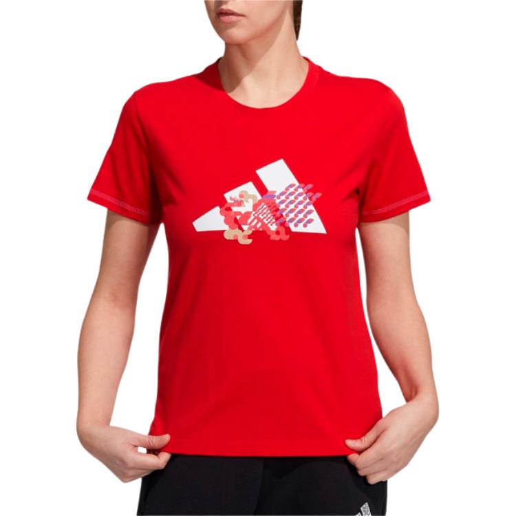 adidas Serie Cny T-shirt da Donna a Manica Corta Girocollo Stampata Tema Sportivo Stile Americano Vintage Rosso Chiaro GP0706