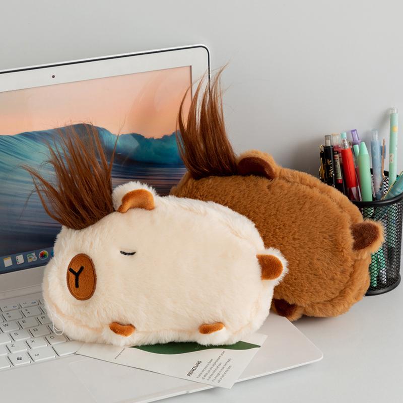Kawaii Cartoon Creative Pencil Bag Student Capybara Plush Stationery Storage Bag Large Capacity Learning Stationery Supplies
