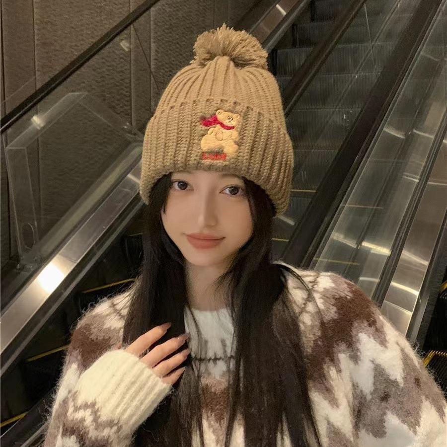 Cute bear embroidered knitted wool hat for children to keep warm in winter, thickened ear protectors, hairball cold hat to show small face