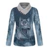 Women Casual Tops Cross V-Neck Buttons Printing Long Sleeve Sweaters Blouse