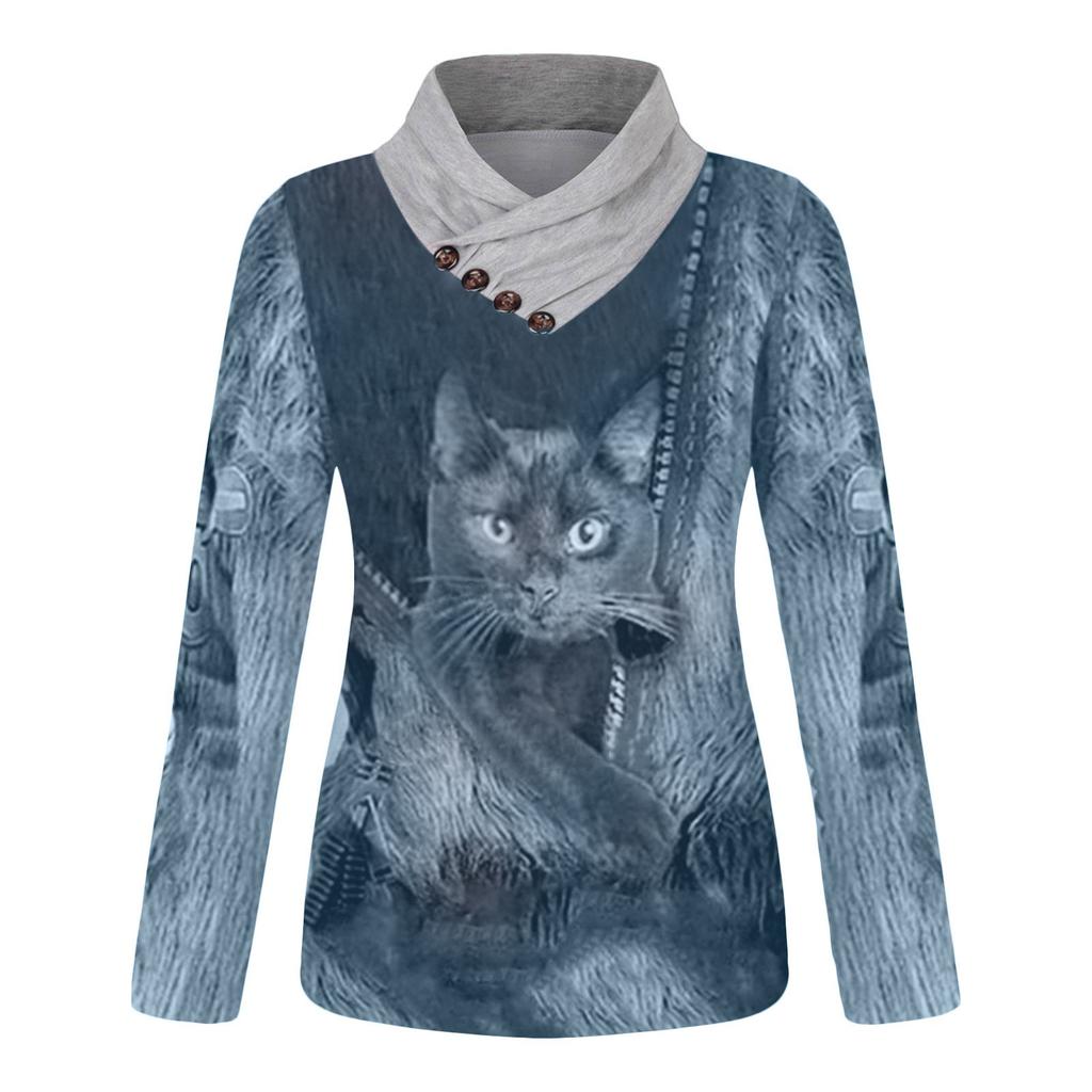 Women Casual Tops Cross V-Neck Buttons Printing Long Sleeve Sweaters Blouse