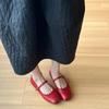 Fashion Retro Round Head Red Single Shoes Shallow Mouth One-word Buckle with Engraved Small Leather Shoes Flat Mary Jane Shoes