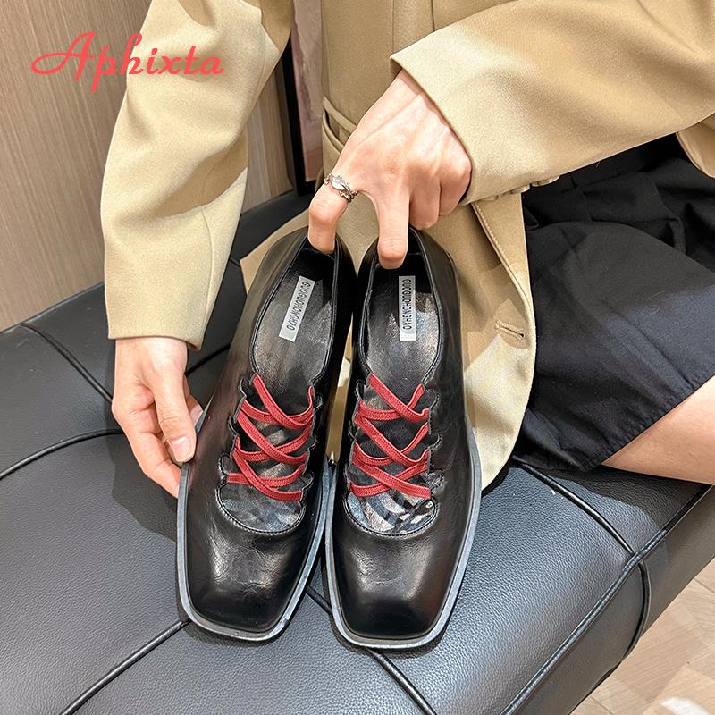 Fashion Aphixta Elegant Woman Shoes Red Cross Starp Leather Pumps Female Shallow Mary Janes  Square Toe Shoes Drop Shipping Plus Size 43