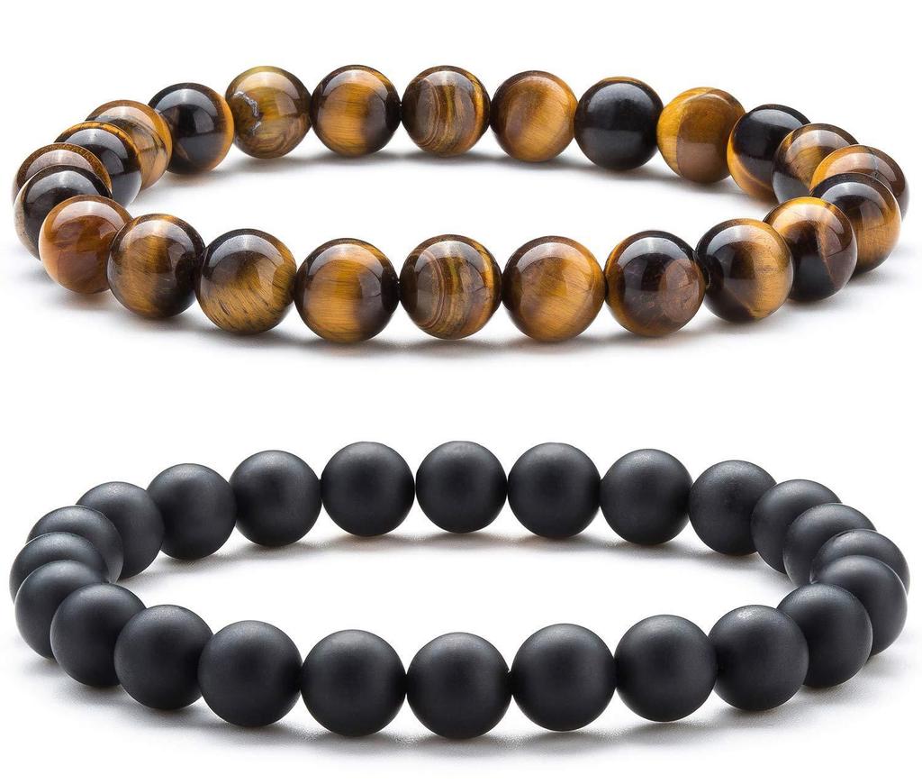 European-American Natural Stone Bracelet: 8mm Tiger Eye, White Turquoise, Agate Beads, Elastic Design