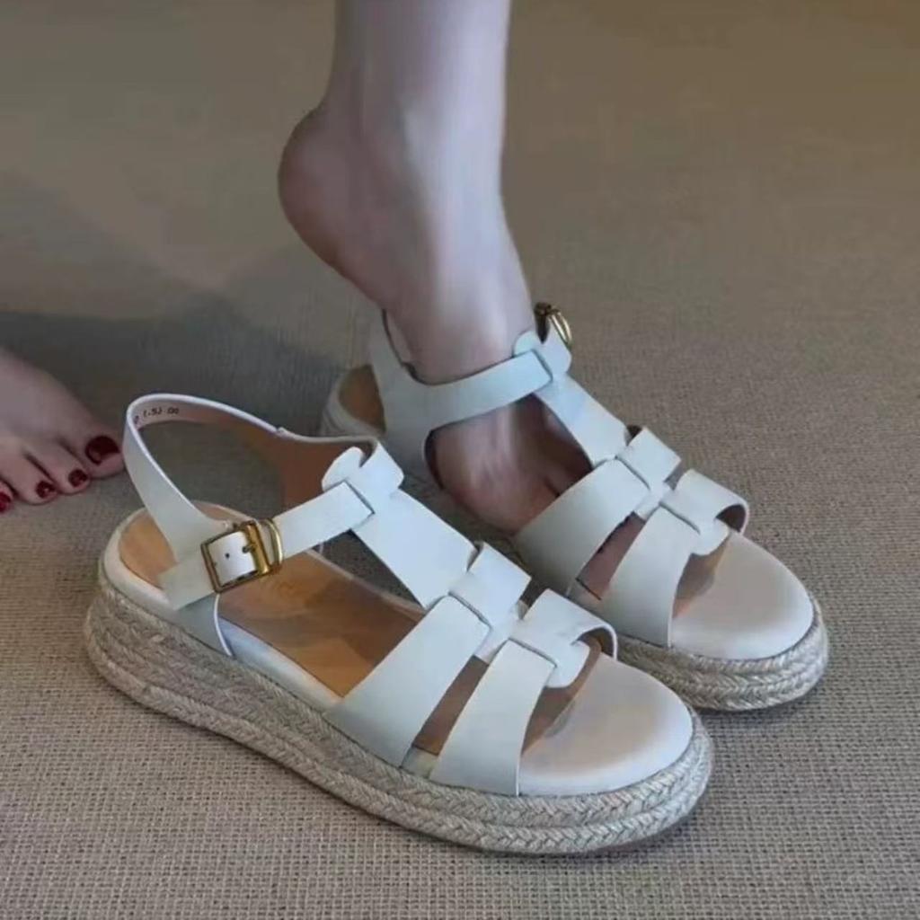 Rindslederversion~ Französische runde Spitze Hanfseil Mode neu dicksohlige hochhackige lässige Mode Wort mit Römersandalen Frauen