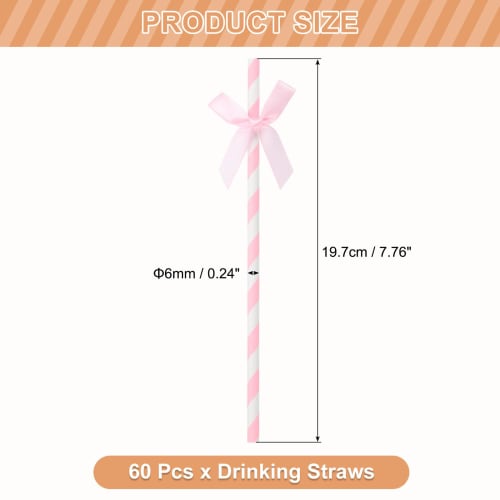uxcell 60pcs Ribbon Bow Striped Paper Straws, Disposable Straws for Weddings, Birthday Parties, Cake Decorations, Pink
