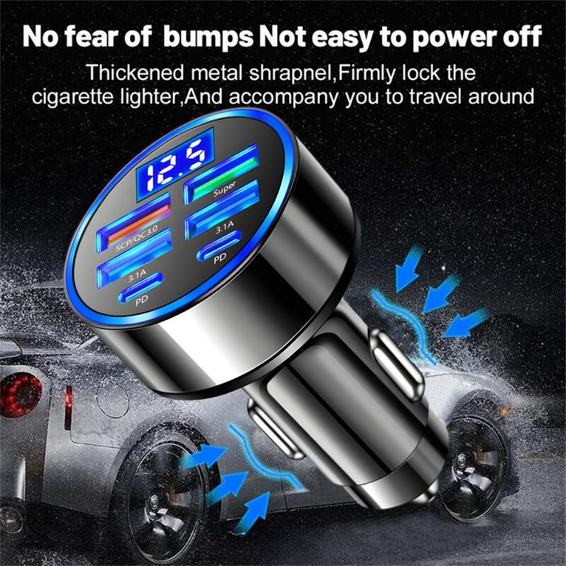 Nabíječka do auta s digitálním displejem 6v1 Podpora 4USB+2PD Super rychlé nabíjení DC12-24V Multiportová nabíječka pro mobilní telefon s digitálním displejem