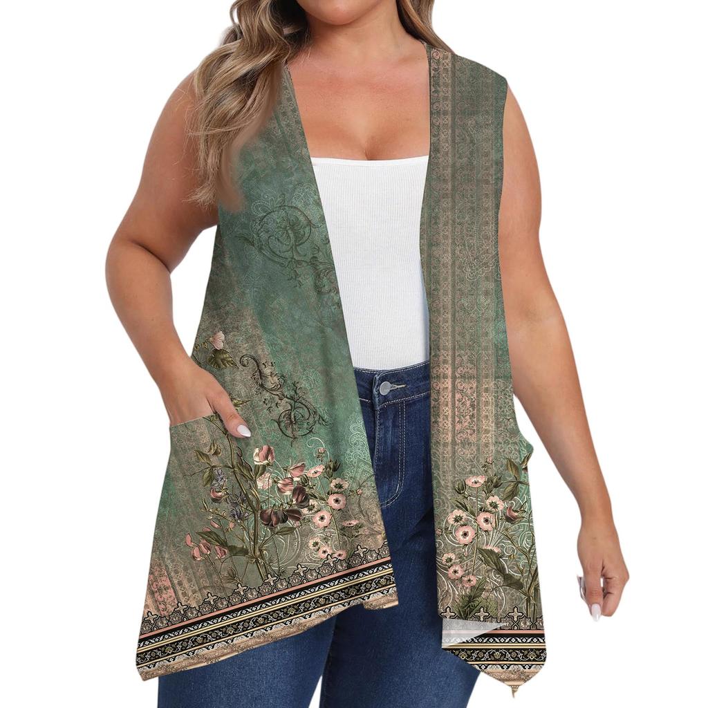 Women's Oversized Loose Casual Printed Sleeveless Vest With Pocket Cardigan Jacket Cardigan Jacket