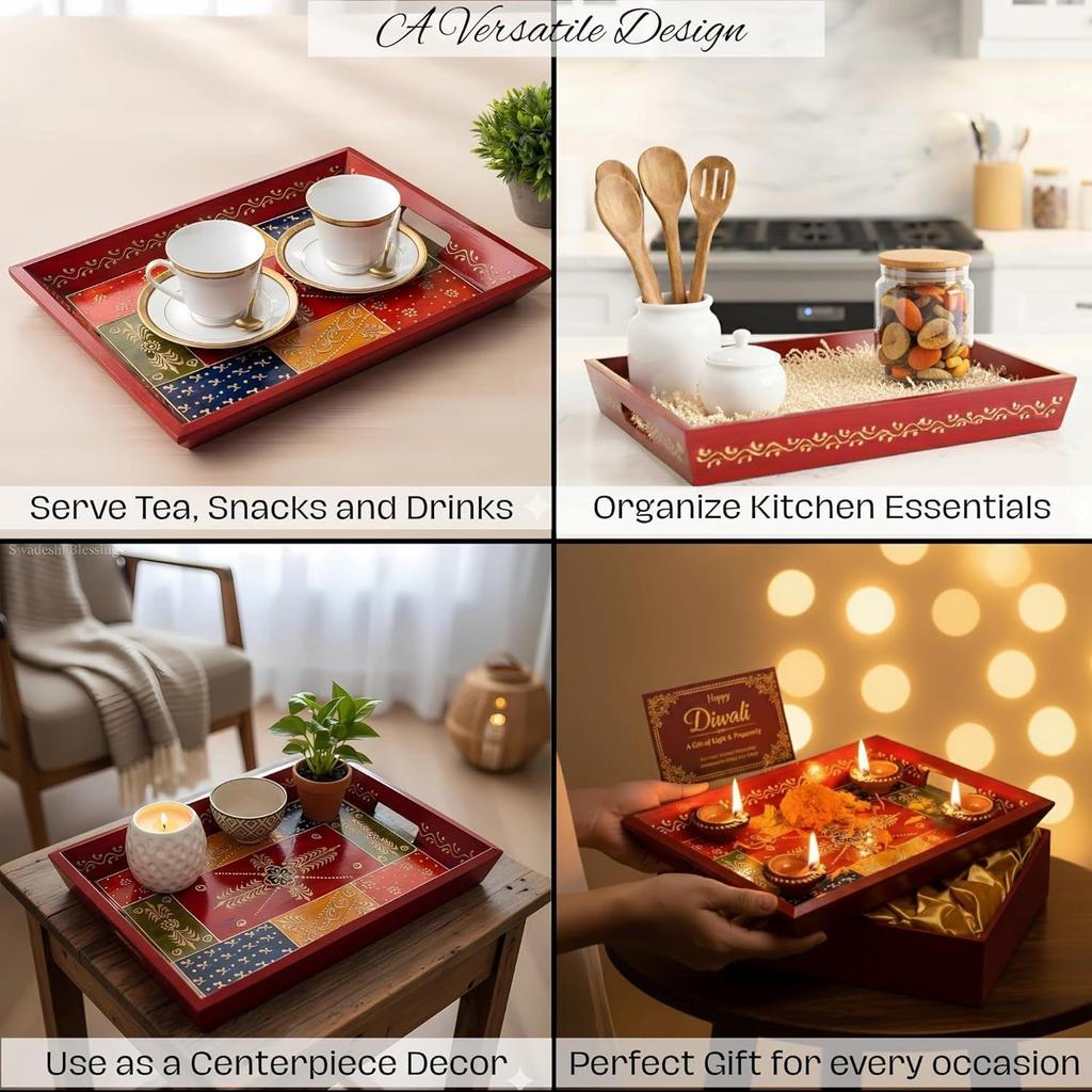 Wooden Tray for Serving- Handcrafted & Hand-Painted for Kitchen/Table & Home Decor/Dinning/Gifts/Restaurants/Living Room/Coffee Table 30Cm