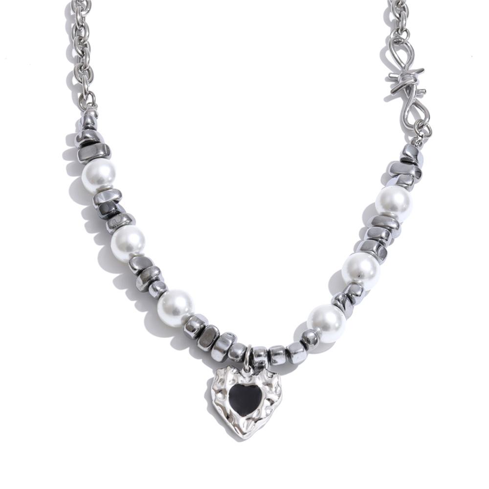 

Yhpup Stainless Steel Simulated Pearls Beads Chain Heart Drop Necklace Vintage Fashion Handmade Men Jewelry Waterproof