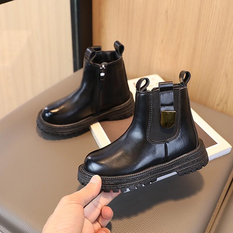 Fashion Boy Girl Short Boots Non-Slip British Style Boots Children's Side Zipper Design Single Boots Leather Boots Anti-skid