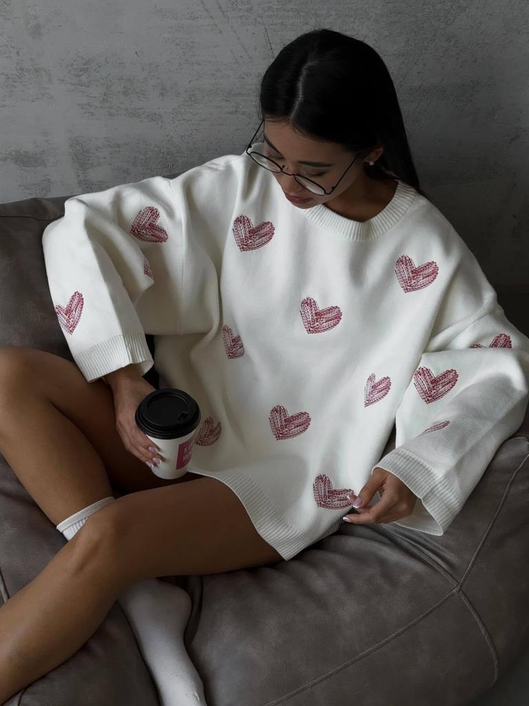 Früher Herbst Lässiger Stil Drapierter Rundhalsausschnitt Langarm Damen Wollpullover Herzfarbe Basisschicht Oberteil Herbst