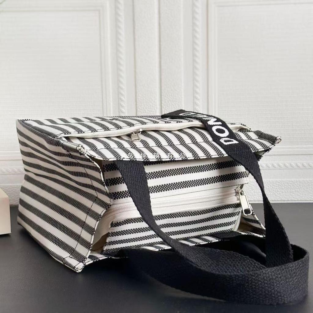Striped Canvas Tote Bag with Zippered Outer Pocket – Versatile, Large-Capacity Bag for Women As Lunch, Mummy, or Work Bag